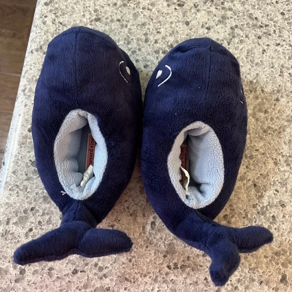 Vineyard Vines Navy Whale Plush Slippers for Kids